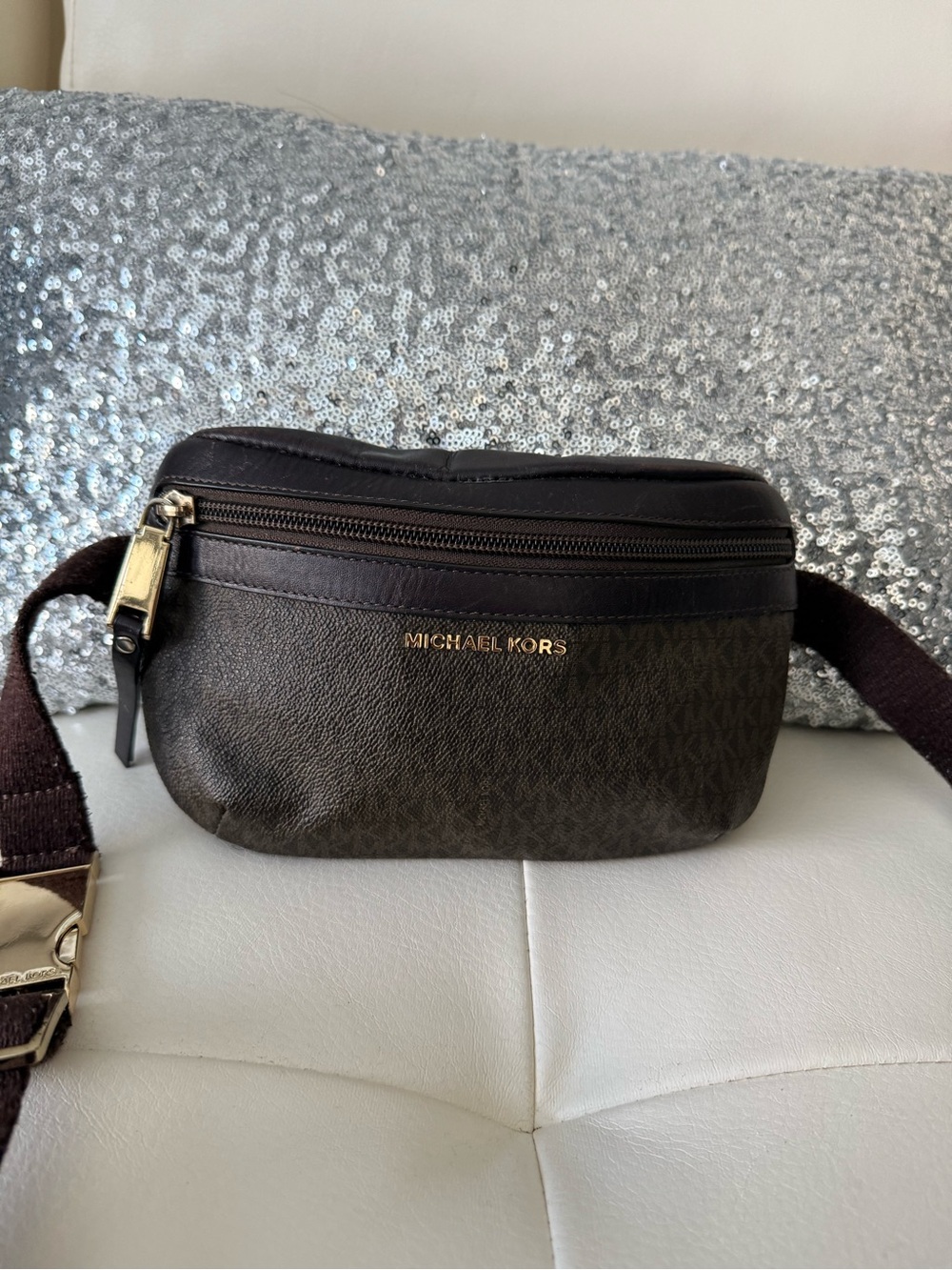 Michael Kors Dark Brown Signature Logo Belt Bag with Gold Hardware